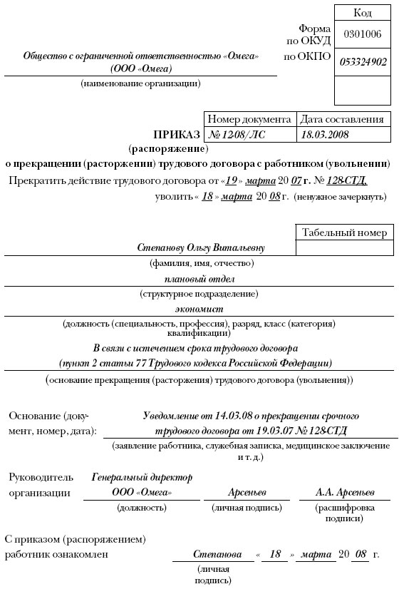 Увольнение по окончанию срока трудового договора приказ образец