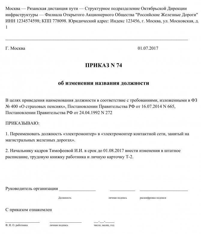 Образец должности в штатном расписании образец